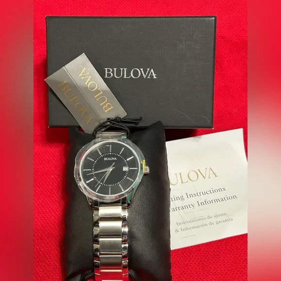 Bulova Silver Tone Black Dial Dress Watch 96B267 Brand New With Box